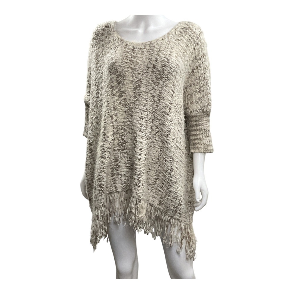 Umgee Fringe Poncho Knit Sweater Tunic Pullover Oversized Neutral Colors - Picture 5 of 12
